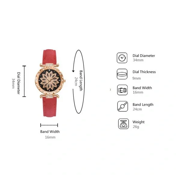 New Red Starry Sky Luxury Leather Strap Rose Gold Sapphire Bracelet Watch Set - Picture 9 of 16